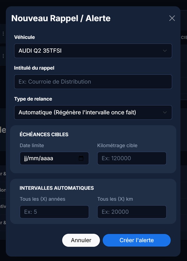 Formulaire de paramétrage de rappel