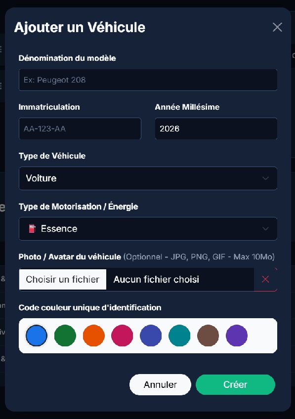 Interface d'ajout de véhicule