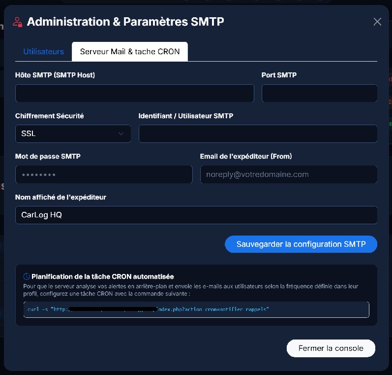 Configuration des paramètres SMTP et commande CRON