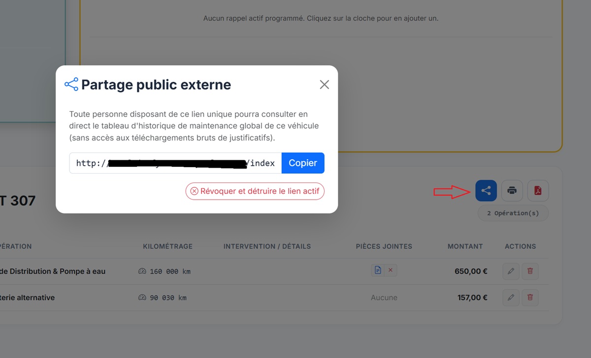 Modale de génération de lien public externe