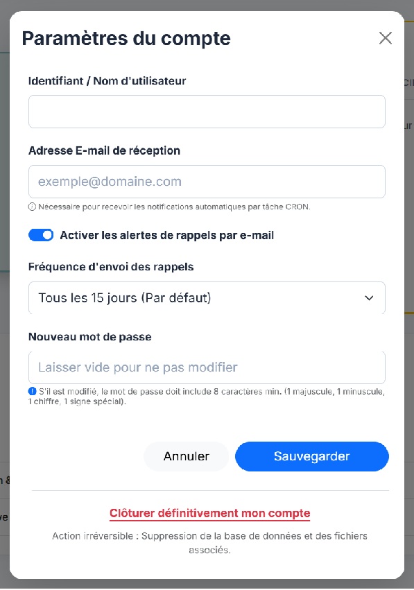 Options utilisateur pour la fréquence des mails de rappels